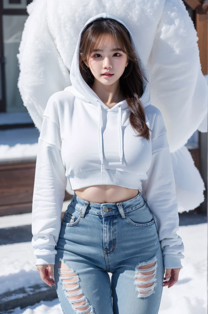 best quality, 8k, very delicate and beautiful, highly detailed face and skin texture, shiny skin, high resolution, huge tits cute long hair chinese girl in cropped hoodie and thigh denim pants in snow, sharp focus