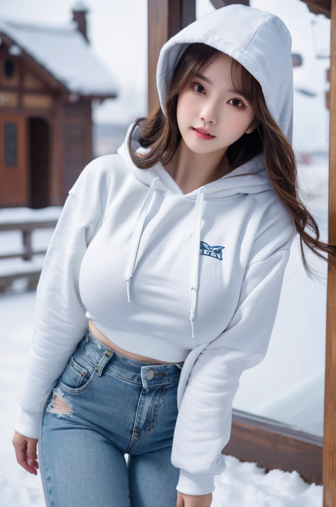 best quality, 8k, very delicate and beautiful, highly detailed face and skin texture, shiny skin, high resolution, huge tits cute long hair chinese girl in cropped hoodie and thigh denim pants in snow, sharp focus