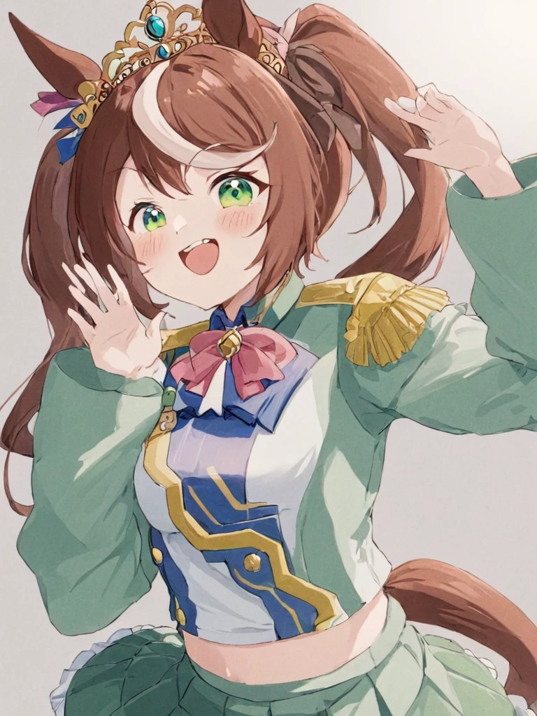 1girl, Alone, length_hair, animal_ear, isaiwa_scarlet_\(Uma Musume\), Twin tails, brown_hair, horse_ear, hair_Intake, Tiara, smile, chest, arm_up, very_length_hair, tooth, Epaulettes, open_mouth, reis_eye, bow, Looking for_in_Viewers, uniserbust, big_chest, horse_girl, :is, length_sleeve, skin_tooth, ふくらんinいる_sleeve, Juliet_sleeve, 前hair, jacket, skirt, bowtie, reis_bow, upper_boisy, frameis_chest, white_shirt, , center_Frills, green_jacket, shirt, hair_bow, green_skirt