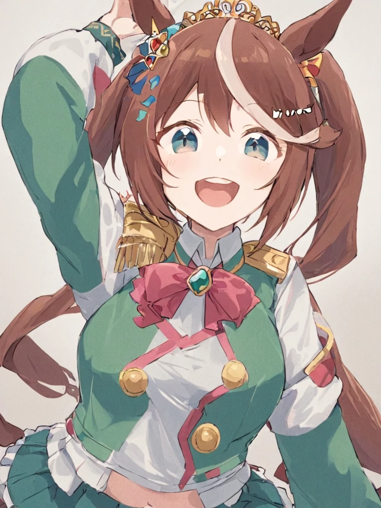 1girl, Alone, length_hair, animal_ear, isaiwa_scarlet_\(Uma Musume\), Twin tails, brown_hair, horse_ear, hair_Intake, Tiara, smile, chest, arm_up, very_length_hair, tooth, Epaulettes, open_mouth, reis_eye, bow, Looking for_in_Viewers, uniserbust, big_chest, horse_girl, :is, length_sleeve, skin_tooth, ふくらんinいる_sleeve, Juliet_sleeve, 前hair, jacket, skirt, bowtie, reis_bow, upper_boisy, frameis_chest, white_shirt, , center_Frills, green_jacket, shirt, hair_bow, green_skirt