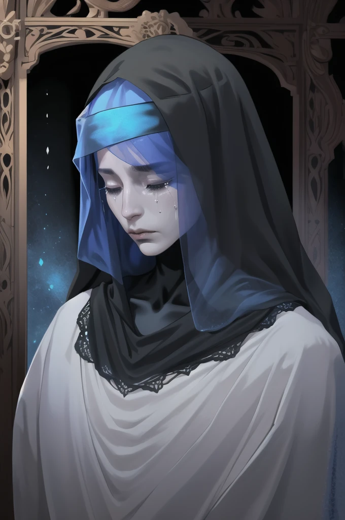 Mourning lord. Crying. Funeral veil. Male. Blue. Etheral. Male. Darkness. Male. Mourner. Frail. Tears. No eyes. 