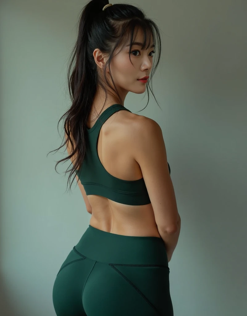 (1girl), 18 years old girl, (gym in city), (practice yoga), yoga uniform, looking at viewer, smiling, cute, (small ass), (long legs), (flat_chest), narrow waist, (crop legs shot), professional light, face focus,