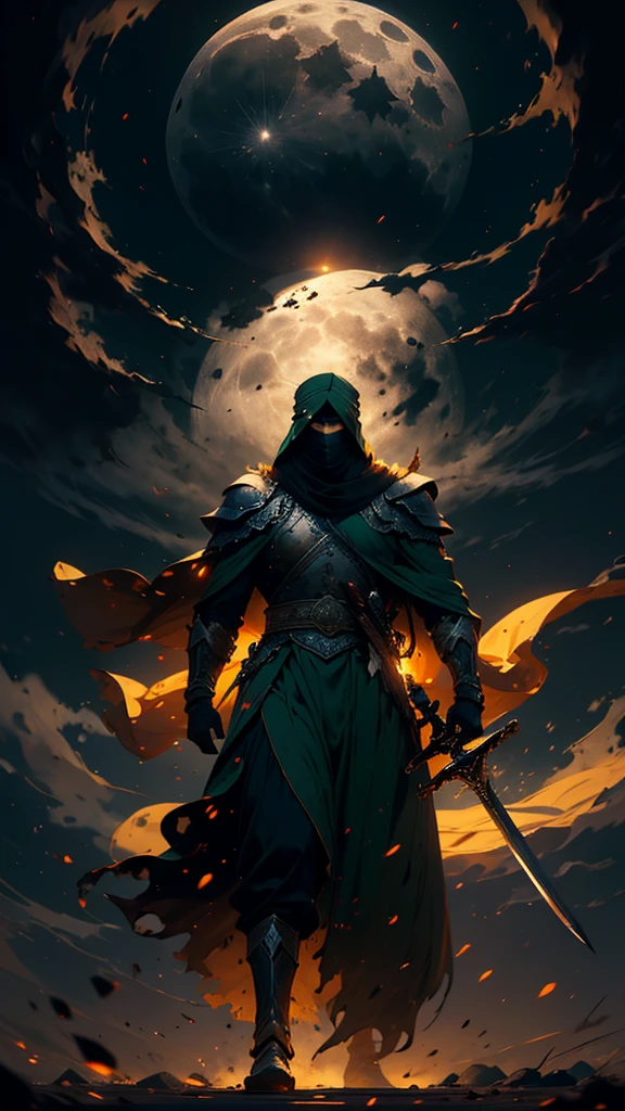 1man warrior In green color  amama turban  and white dress islamic muscular warrior backside 1.3 full body cover islamic clothes in full moon night 8k quality fantasy illustration 
Here’s the revised prompt including the Zulfiqar sword:

"A highly detailed illustration of an Islamic warrior walking firmly into the distance, facing away from the audience under a full moon night. The warrior is adorned in traditional Islamic attire, including a cloak on his head and a long chadar flowing behind him. He carries the iconic ((Zulfiqar sword,)) which has a split tip, strapped to his back. The scene is set in a vast desert under the dark sky, with rolling white clouds and thick smoke drifting into the air. Eagles soar above as the moonlight casts noticeable shadows and light effects. The image has a vivid color scheme with a focus on dark, deep tones, enhanced by light particle effects. The overall style is akin to an ink painting with clear layers, depth of field, and ray tracing, emphasizing the nocturnal atmosphere. This 8k quality image is suitable for a wallpaper, capturing the mysterious journey through a moonlit landscape."High Resolution, Masterpiece, HD, High Details, Blurry, Backlighting, 