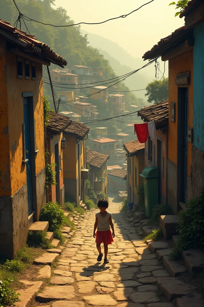 CHILD SPRAYING CAFFEINE ON THE ROOF OF A HOUSE IN A FAVELA IN RIO DE JANEIRO