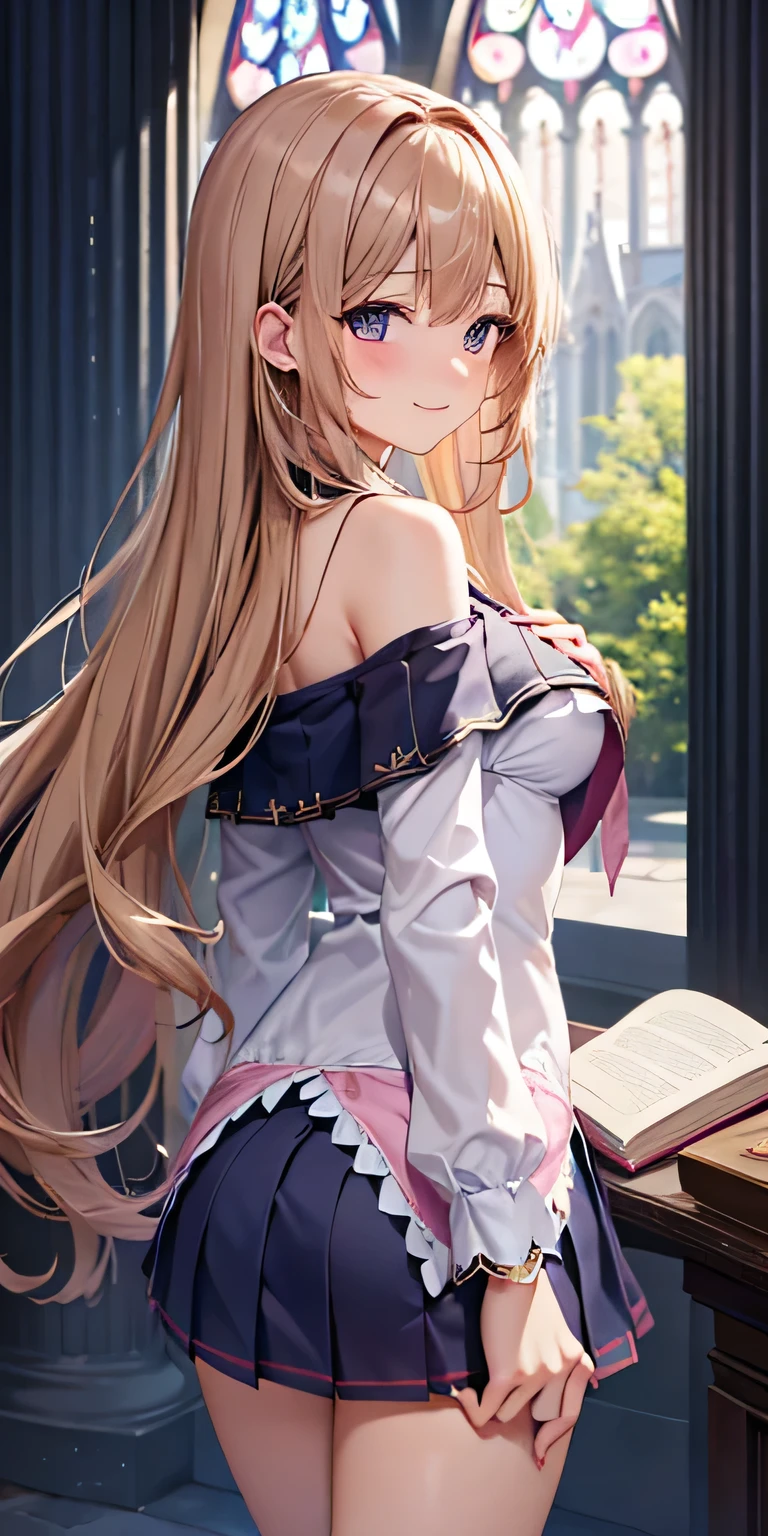 debris flies, highest quality, Highly detailed CG Unity 8K wallpaper, sexy witch , long dark blonde wavy hair、off shoulder knit, dark blue pleated skirt, stocking pedium chest, saggy breasts, Pose that emphasizes the chest, blush, shy smile, bare shoulders, (pink lace panties、pink good、spread your legs wide)、、nice magic book、church cathedral、Put your hand on the pillar and turn around、stick out your butt、I can see all your butts、