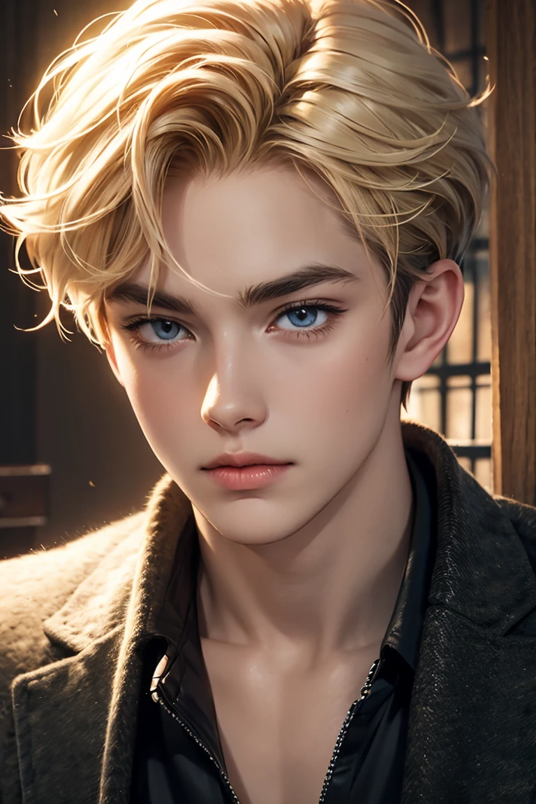 man, young attractive boy, blonde hair, short hair, wavy hair, amber eyes, High quality