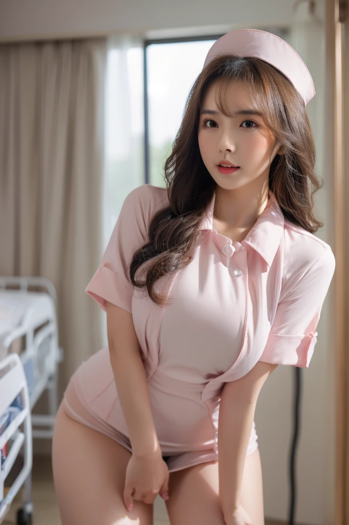 best quality, 8k, very delicate and beautiful, highly detailed face and skin texture, shiny skin, high resolution, huge tits cute long hair chinese girl in nurse uniform at hospital, sharp focus