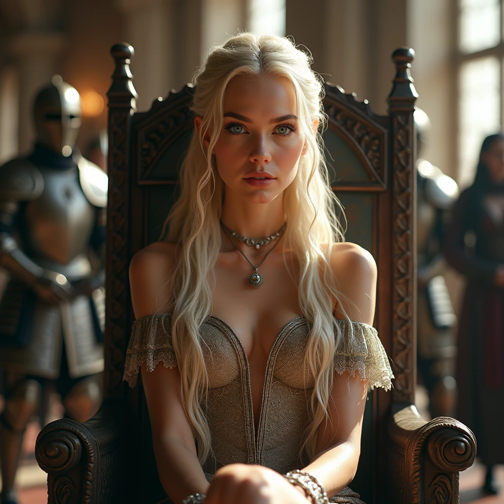 woman in a white dress sitting on a couch, blonde woman, tones, fit, sitting on a couch, black iron bangle, crown, greek goddess, style of game of thrones, shot from game of thrones, from of thrones, beautiful blonde woman in a white dress, iron, iron bangle, silky dress, manacles, (black iron collar), [[busty]], 
