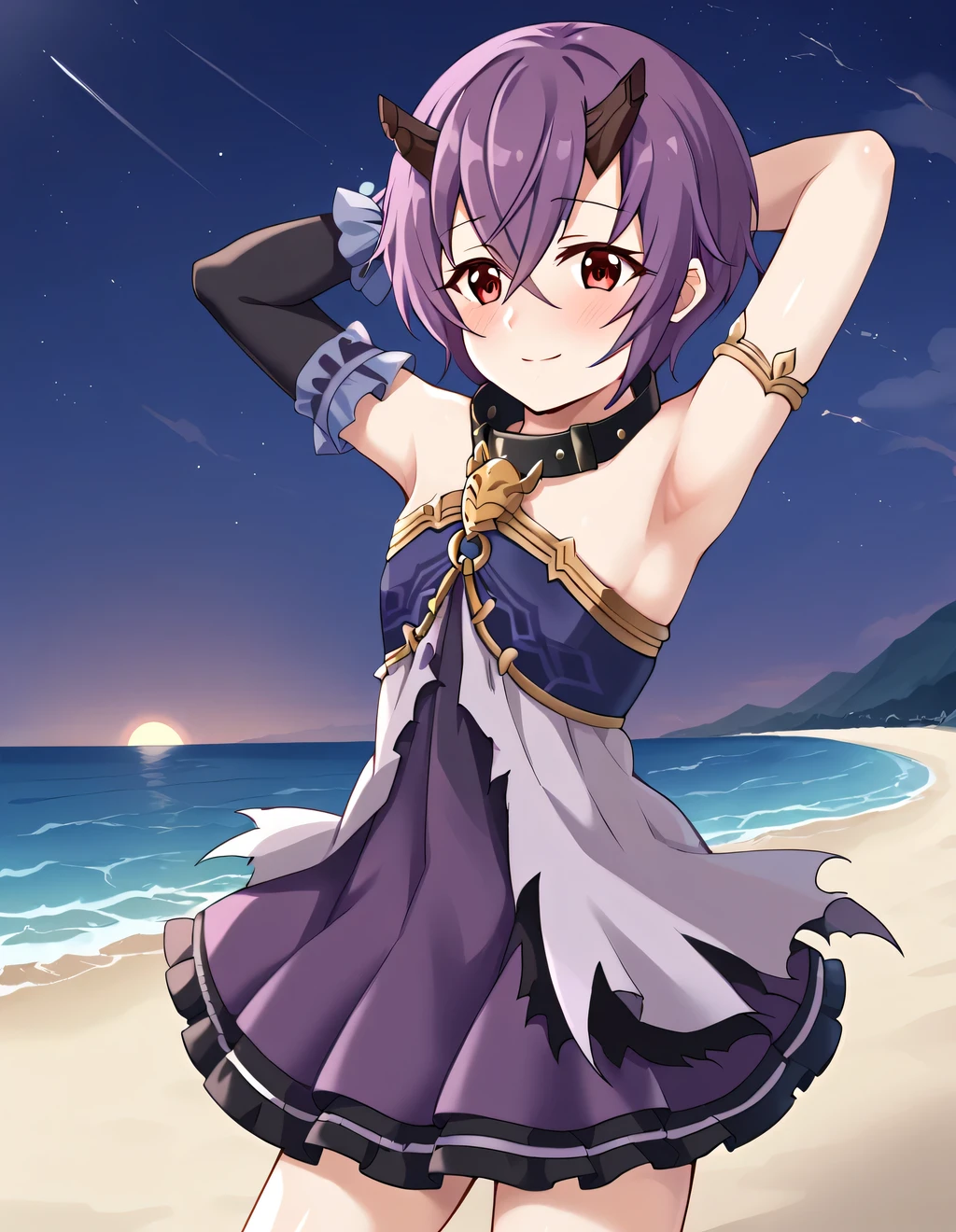 pcshinobu, short hair, purple hair, black horns, broken horn, red eyes, torn clothes, frills, purple dress, strapless dress, sleeveless dress, chain, armlet, black gloves, single elbow glove, frilled wrist cuffs, black collar, bare shoulders, high quality, shiny skin, solo, blushing, night sky, beach, arms behind head, {contrapposto}, closed mouth, spread armpits, cowboy shot, looking at viewer, smile, best quality