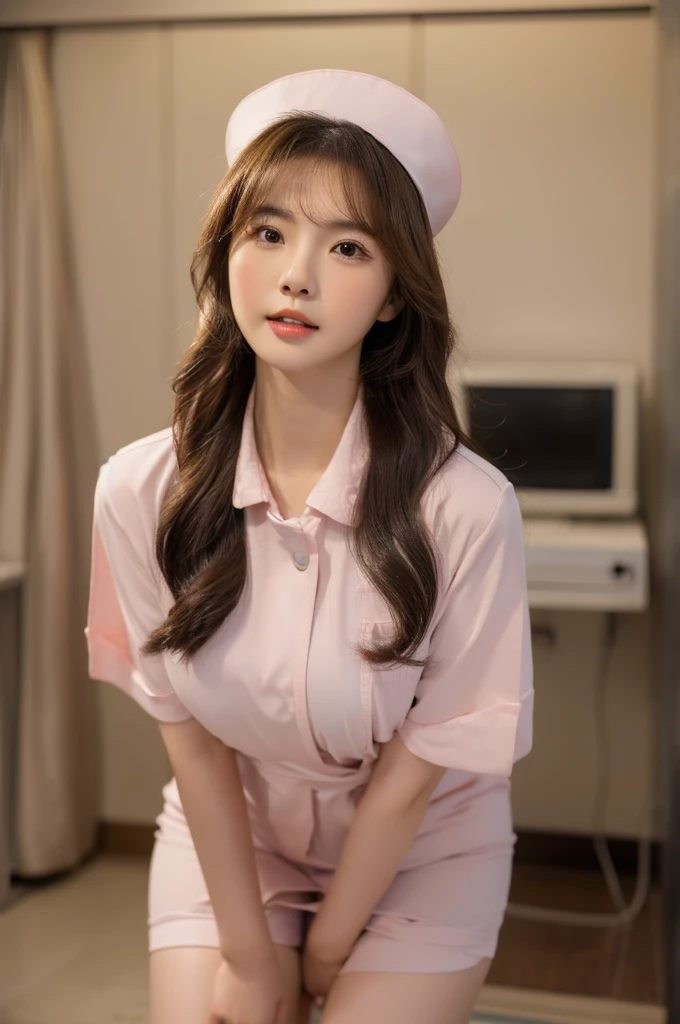 best quality, 8k, very delicate and beautiful, highly detailed face and skin texture, shiny skin, high resolution, huge tits cute long hair chinese girl in nurse uniform at hospital, sharp focus