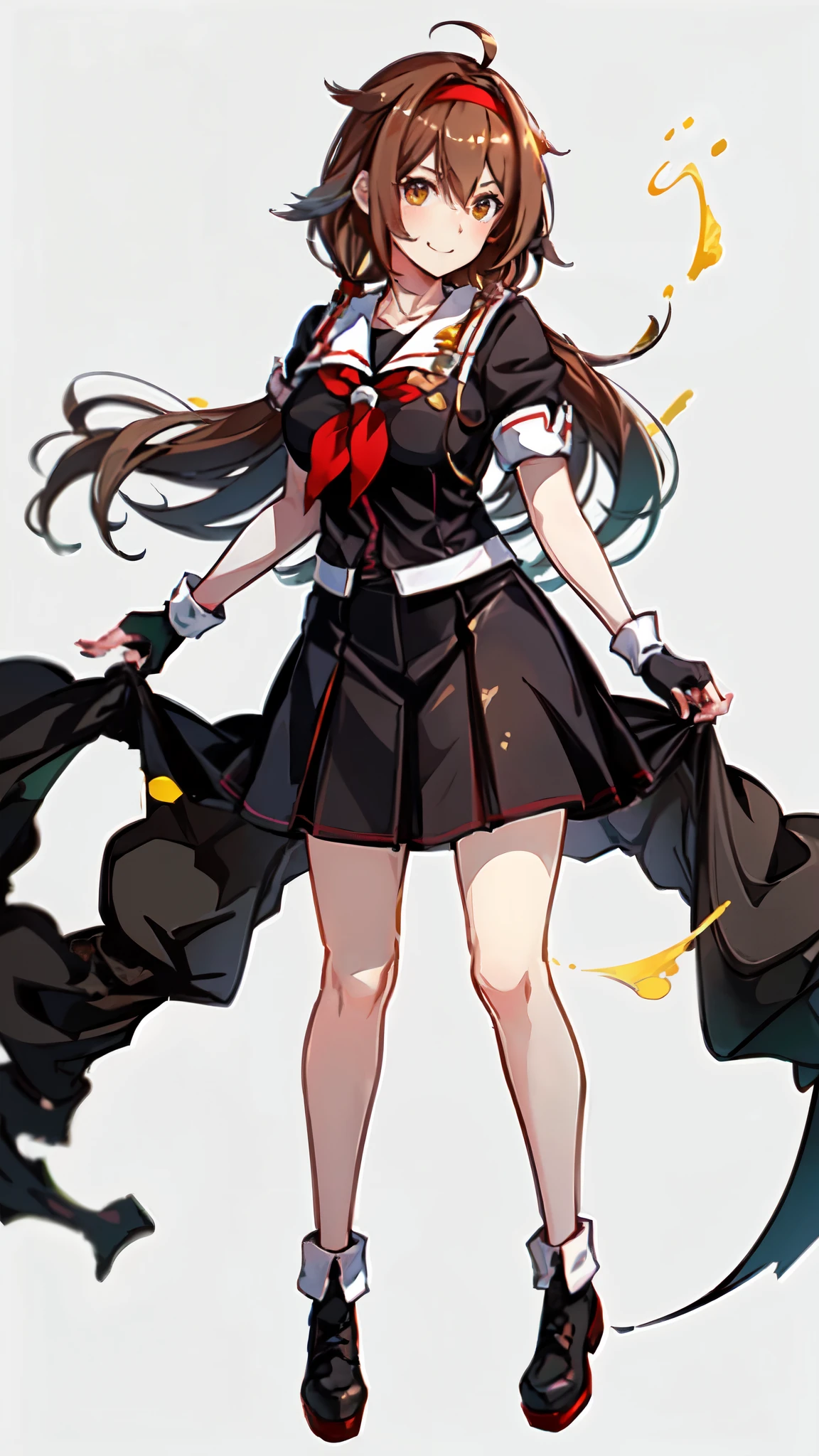 Best Quality, masterpiece, High resolution, One person, {Kantai Collection_White Dew:1.15} Brown Hair、Long Hair、Thighs、Short sleeve、Pleated skirt、Hairbands、Black Sailor Suit、Black gloves、Fingerless gloves、Black Skirt、neckerchief、Medium breast、White background、Full body view、smile、