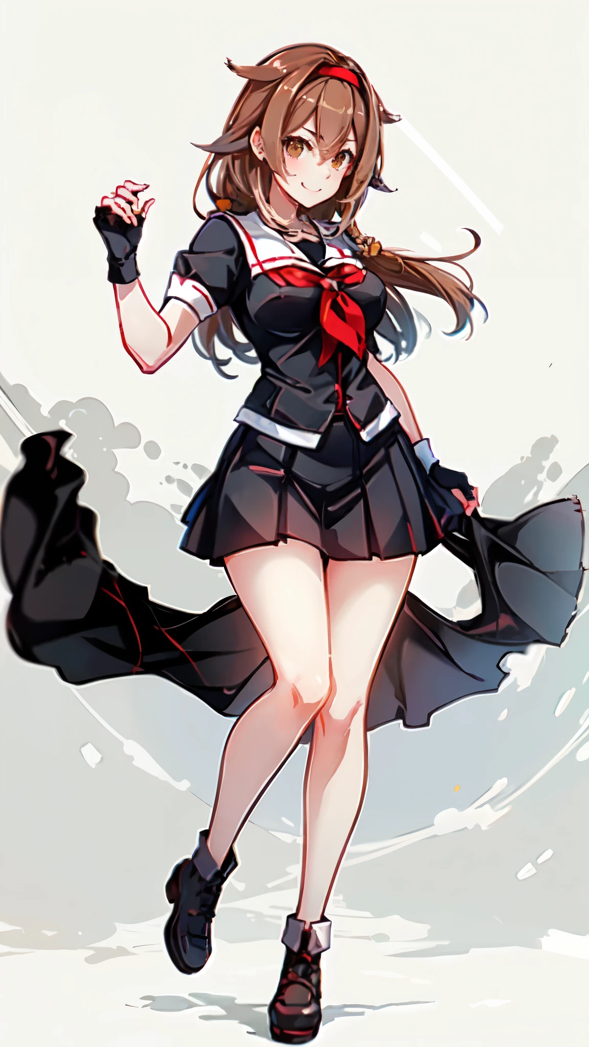 Best Quality, masterpiece, High resolution, One person, {Kantai Collection_White Dew:1.15} Brown Hair、Long Hair、Thighs、Short sleeve、Pleated skirt、Hairbands、Black Sailor Suit、Black gloves、Fingerless gloves、Black Skirt、neckerchief、Medium breast、White background、Full body view、smile、