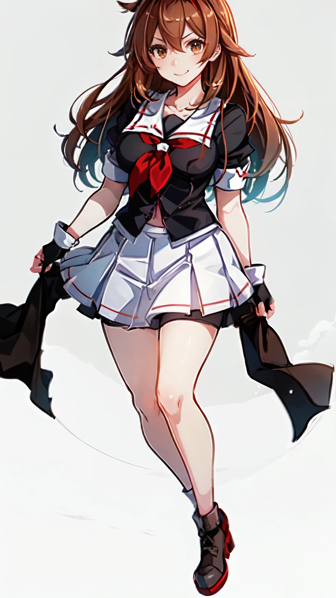 Best Quality, masterpiece, High resolution, One person, {Kantai Collection_White Dew:1.15} Brown Hair、Long Hair、Thighs、Short sleeve、Pleated skirt、Hairbands、Black Sailor Suit、Black gloves、Fingerless gloves、Black Skirt、neckerchief、Medium breast、White background、Full body view、smile、