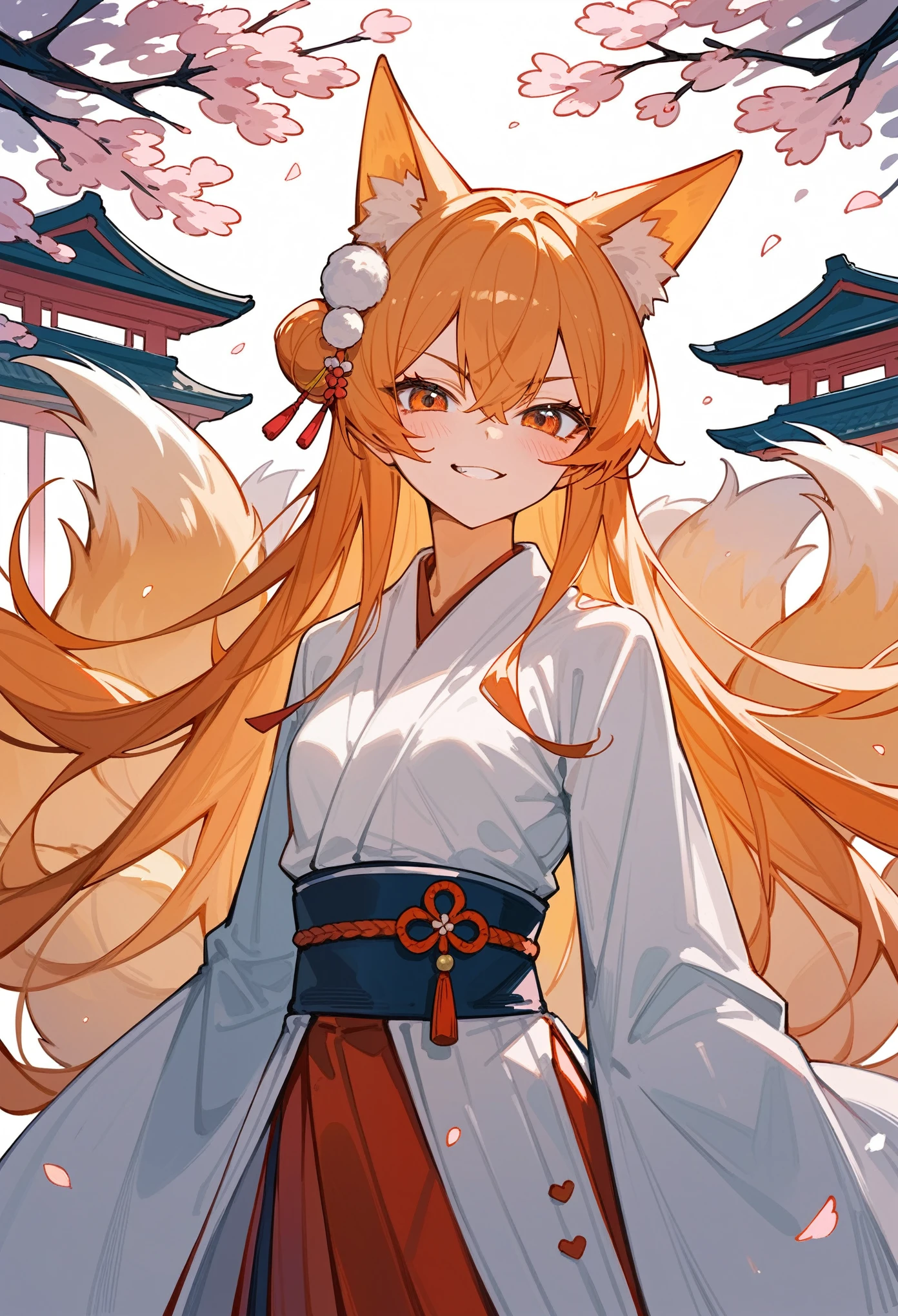 beautiful illustrations, highest quality, pretty girl,beautiful girl、clear face、 half girl、pastel colour 、blush、thighs、perfect hands、five fingers、fantasy、fantasy、fox ears、fox tail、orange hair、tooth、Miko costume