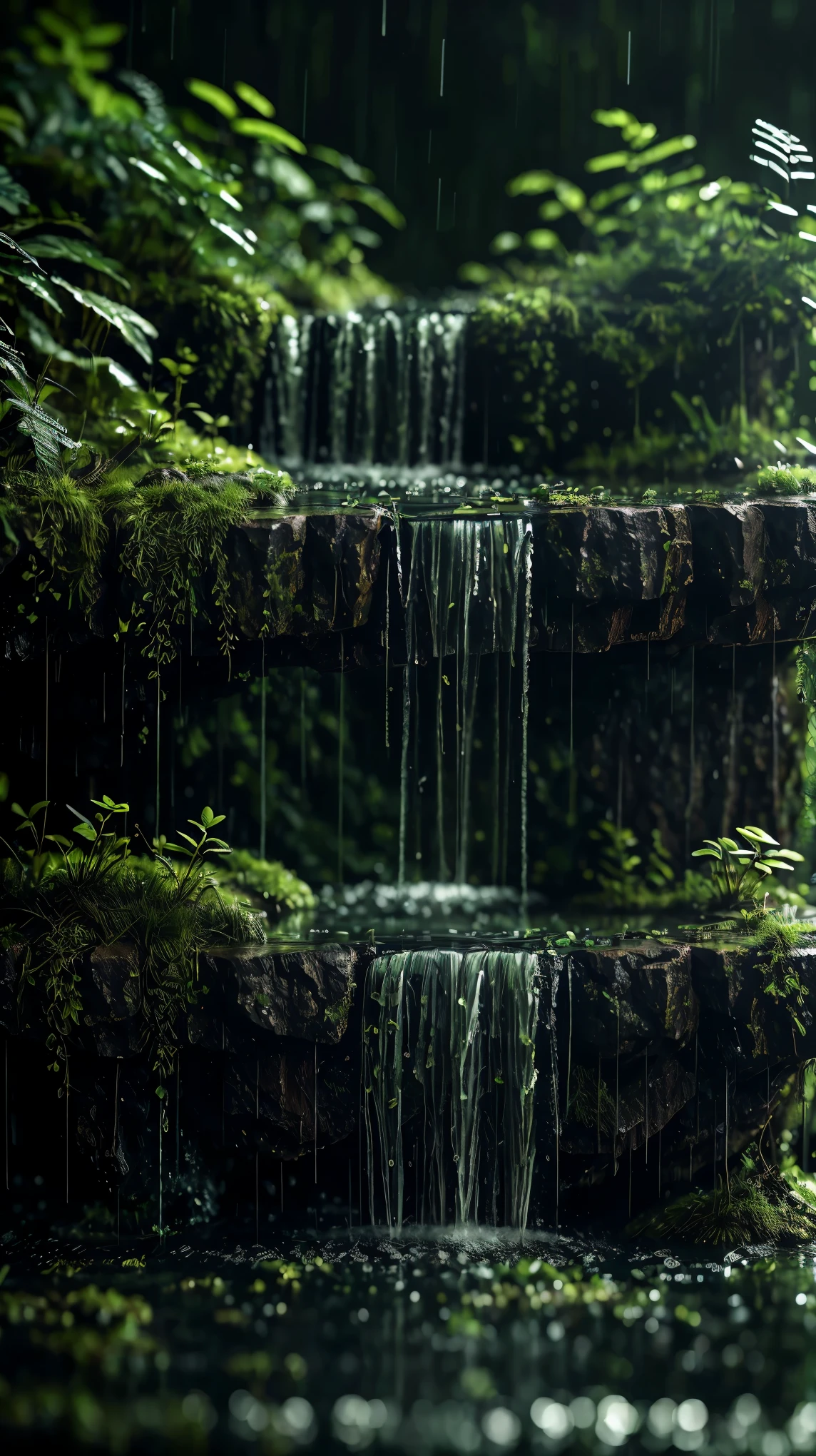 miniforest, no humans,blurry_foreground, outdoors, water, rain, waterfall, green theme,mountain,

