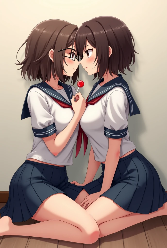 long hair, looking at viewer, blush, smile, open mouth, multiple girls, skirt, brown hair, shirt, long sleeves, 2girls, hair between eyes, brown eyes, , yellow eyes, white shirt, pleated skirt, serafuku, socks, indoors, black skirt, sailor collar, neckerchief, pillow, kneehighs, window, curtains, black socks, carrying, red neckerchief, black sailor collar, folded ponytail, anchor symbol, princess carry, inazuma \(kancolle\),