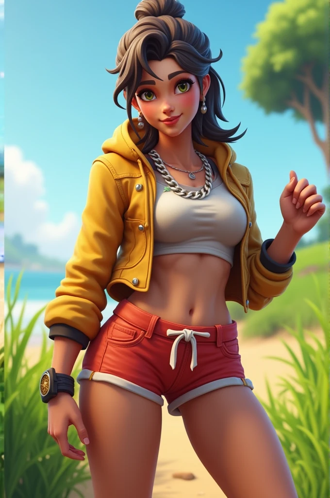 score_9, score_8_up, score_8, style langrisser, source_anime, semi_realistic, a picture of rottytops. green hair, colored skin, stitchesyellow hairband, skull earrings, choker, purple tank top, midriff, cleavage, belt, shorts. surfing on a big turtle on the sea. beach, sea