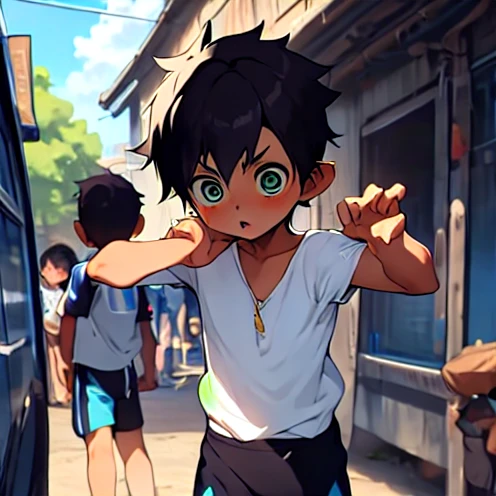 ten year old boy, Shota, Completely naked, Thin and sexy, black hair, simple gesture, Dick, Show penis and body,man,A row of people, high detail, Look down at the camera, anatomically correct, blushing, 