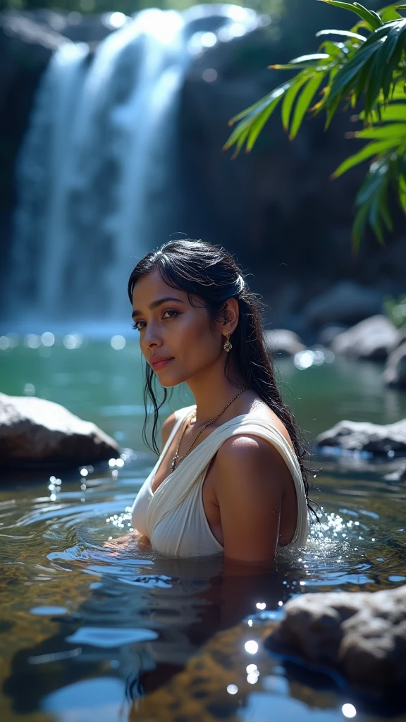 8k, beautiful mixed girl with wet long slightly wavy hair, Lily flowers in the mouth, extremely detailed body and eyes, sweet chest, beautiful , sexy Long white dress , Under a waterfall, A flower in the mouth, Hold your hair, Backache, lots of plants, Rocks, Nature, (best quality,4k,8k,highres,masterpiece:1.2), ultra-detailed,(realistic,photorealistic,photo-realistic:1.37),portrait,landscape,vivid colors,bokeh