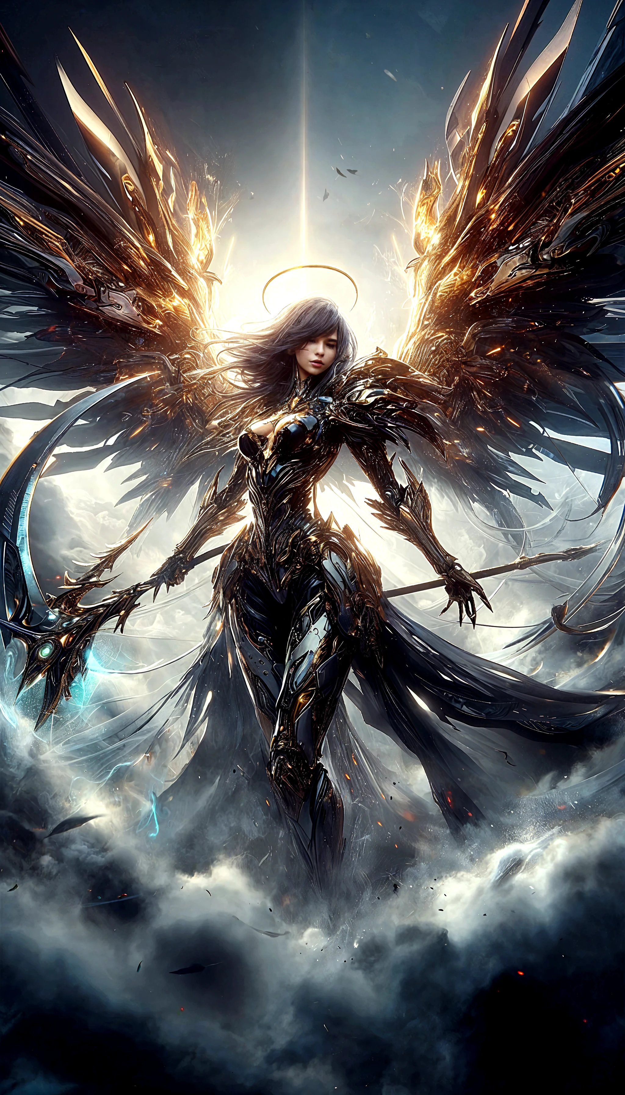blindfolded, big boobs, Divine judgement, sending from the sky, dynamic pose, A beautiful angel woman with huge wings, 2 giant horns, facing forward, in a melancholy pose, with a beautiful sharp face, ultra-detailed, hyper realistic, cinematic lighting, dark moody colors, dramatic shadows, intricate details, ethereal, fantasy, elegant, photorealistic, body armor, showing no emotion, grey skin