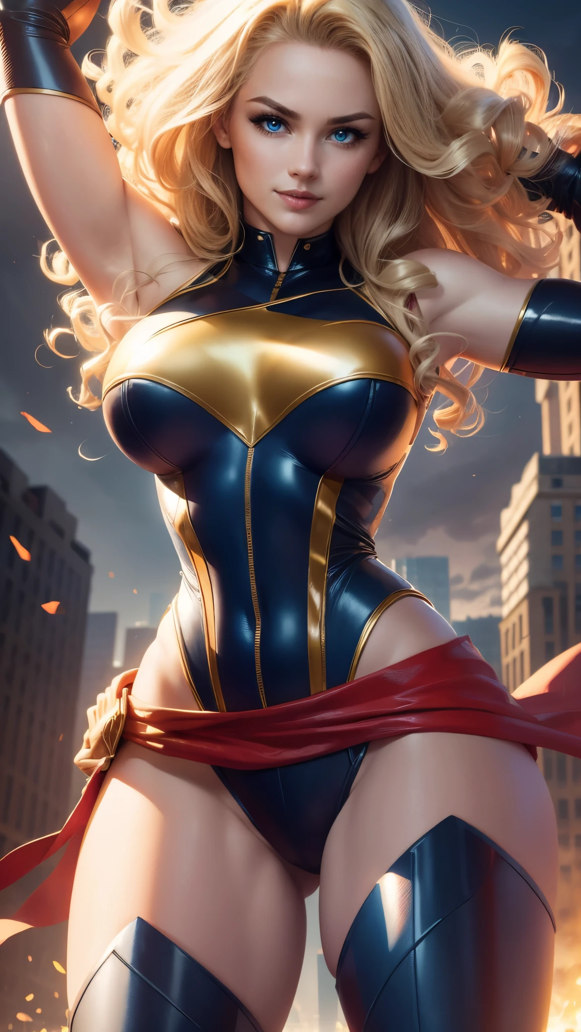 Carol Danvers da Marvel,(best qualityer,4K,8k,high resolution,work of art:1.2)(weather: windy), new york background, battle ruins, wide hips, long curly hair, blonde hair, sleeveless leotard, arm long gloves , red belt, thigh high boots, stretching out pose, ultra detailed,portrait,realistic,beautiful detailed blue eyes, beautiful detailed lips,extremely detailed eye and face, long eyelashes,average, large breasts,flying hair,beaming smile, sexy smile,powerful girl in combat, bright coloured, dramatic lighting,