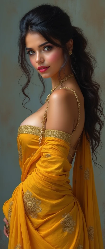 waist high body, big, tall , night bokeh effect background, bodycon, Perfect pink eyes, Great face, Indian, Beautiful appearance, ((Red lips, Bright Eyes, Curve Heir 1.5)), ((Beautiful detailed body)), Amazing gorgeous, amazing beautiful face, Pretty face, Bright Eyes, allured chest, small waist, dynamic kneeling pose, from below, orange Elegant printed shirt with attention to detail, Updo Elegant Hair, Blurred gray tone background, super concentrated, Illuminate, Facial details, 8k resolution, I drew, Dry brush, Brush strokes, big breast nipples nice clevage seductive poses red lips 