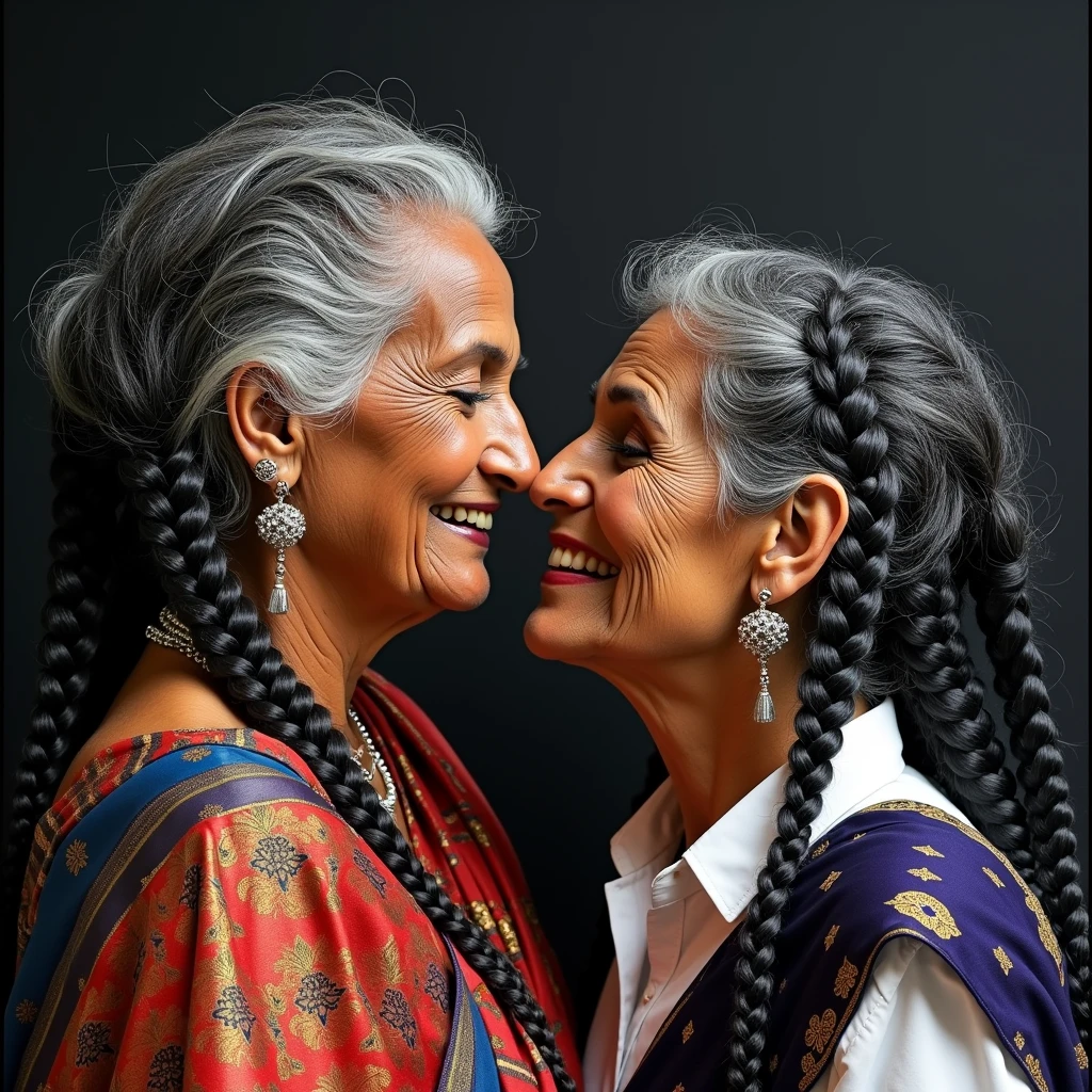 an indian bright old castle bed room in ancient time,two indian 75 yo eldery ladies stunning in traditional Indian attire.Their rapunzel,gray-black color hairs flowing back and spills into the bed and its soaked with millions of liters of oily water mixture over thier hairs and without wipping out water makes that hairs like oily water crafted pulp on thier hairs and hairlines are all together till the end slick and hair lines are highly visible due to the ultra slickness making curliness enhancing,Those hairs are so much of oil pasted and are reflecting shinniness in like mirrors iminating natural curliness showing to the world,they wear jewelry intricate silver handicrafts,their off shoulders revealing golden skin with traditional Indian blouse the are wildly deep kissing keeping their tongues out,The lustyness and the wildness are shown their eyes,Ultra detailing image prompt,Generate by using all the ladies features,figures and detailes,exactly and stictly as per the image prompt,Generate with strictly indian elderity ethnecity,Generate ladies natural curls continuvity with using exact image prompt using so much of oil pasted and are reflecting shinniness in like mirrors iminating natural curliness showing to the world spilling on the bed & the gray and black hair colors as per image prompt,Generate in detailed potrayal of image prompt ladies' connectio of loving each other with wild kissing in tilted heads with their long,unreal ultra wet natural curl flowing on the bed considering  in detailing their hairs,heads,faces,emotions,body language,passion of kissing,passion of their ladying poses,head poses,lips,sorrounding,hairs extreme wetness nad shiningness,elderity,lelegance and wise,skin tones,sarees,hands,fingers,legs,curvature and features of the body parts,curliness and slickness of their hairs,Hair lines and their hairlines how behaving,both elderity,both ages,elderity square type faces,lips kissing in deep,hair flowing in to the viewer side on the bed