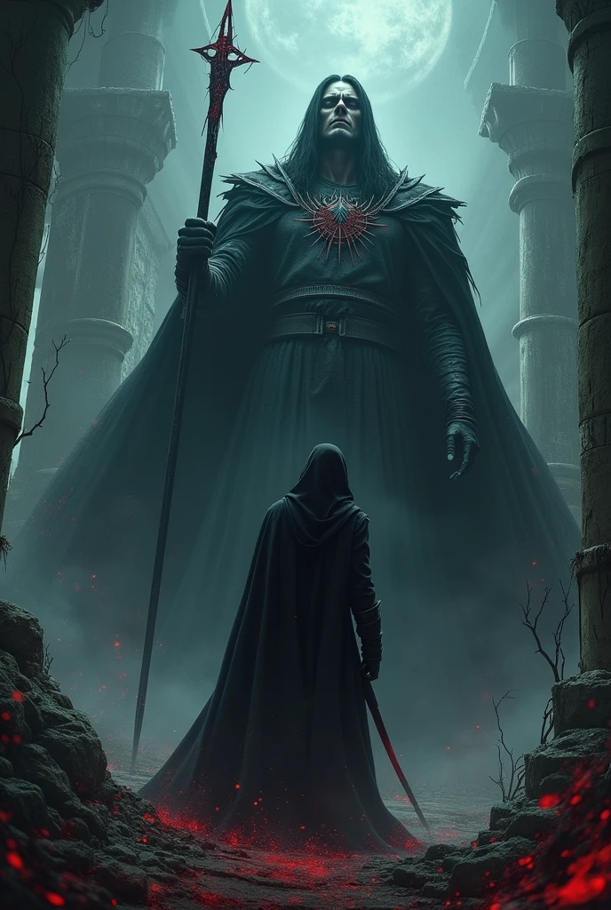 Design a chilling image of Juso no Kuida Oni, a demon that drives cursed stakes into its victims. Those struck by the stakes have their souls sealed and suffer eternally. The setting should be a dark, cursed battlefield or a shadowy, ancient shrine, emphasizing its punishing and torturous nature.