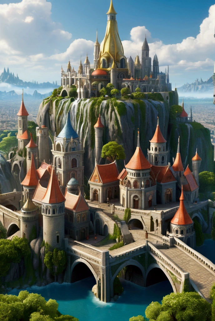 (32k, 8k, high graphics, high resolution, high details) medieval fantasy kingdom, fantasy medieval city, panoramic view, extremely beautiful place, immense celestial tower in the center, wonderful view, majestic blue sky with clouds and sun, beautiful magical kingdom and prosperous