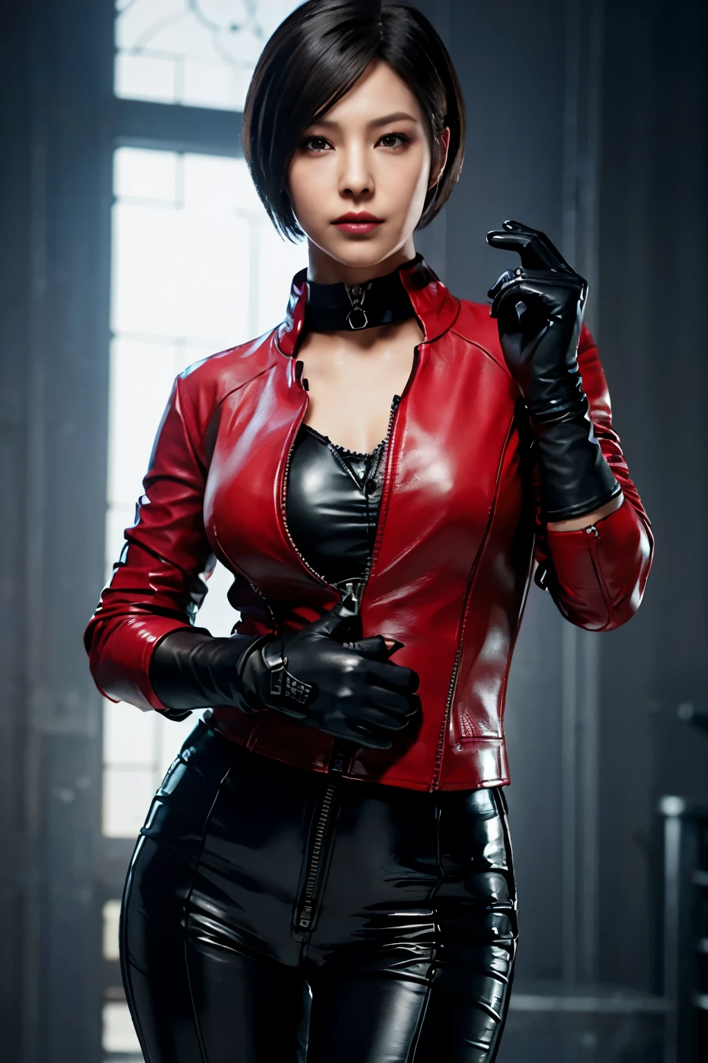 (Realism:1.4),Resident Evil 6,Ada,Short Hair,No background,look at me,A body that makes you want to touch it,foxy make up,The most beautiful stars,Stand up your collar,Black Leather Pants,Photorealistic,Ultra HD,high quality,masterpiece,Digital SLR,Detailed details,Intricate details,Anatomical basis,Depicted in detail,A detailed face,Realistic skin texture,Vivid details,Perfect Anatomy,Perfect Anatomy,Anatomically correct hand,Anatomically correct fingers,Super Detail,Complex 3D rendering,Picturesque,Pink Lips,fearless smile,she is Wearing ((long sleeve rider jacket(red leather))(((close the zipper tightly)))) and ((one waist belt)(Black leather)(metal buckle)) and ((Skinny long pants(Black leather))) and ((((gloves)))(black leather)),intelligent and beautiful star model,(chin is thin),Costume made of thick leather fabric,Japanese female new recruits (G cup breasts)(slender body shape)(Black leather gloves cover both hands) ,younger face,