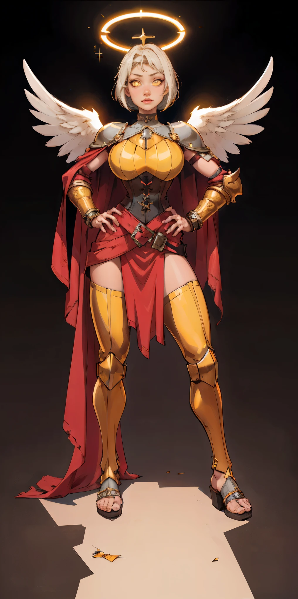 ((BLACK BACKGROUND,1:2, masterpiece)), full body MILF BIMBO standing with two long thighs and two metal sandals, red eyes, silver white hair, short bob style hair, big breasts, cleavage, separate sleeves, tiara royal, long cape up to two feet, yellow bikini, hands on waist, navel, lustful smirking smiling, smile face (red blushed, red cheeks), metal shoulders, gold sleeveless armbands, black leather choker slave collar, shackle bracelets, sex slave red crest, pauldrons, breastplate, corset, eye focus, full body, whole body. 1solo . slave fighter, loincloth standing, hands on hips, metal sandals, backpack, choker, big belt, view from below, feet together, bracers, tiara)