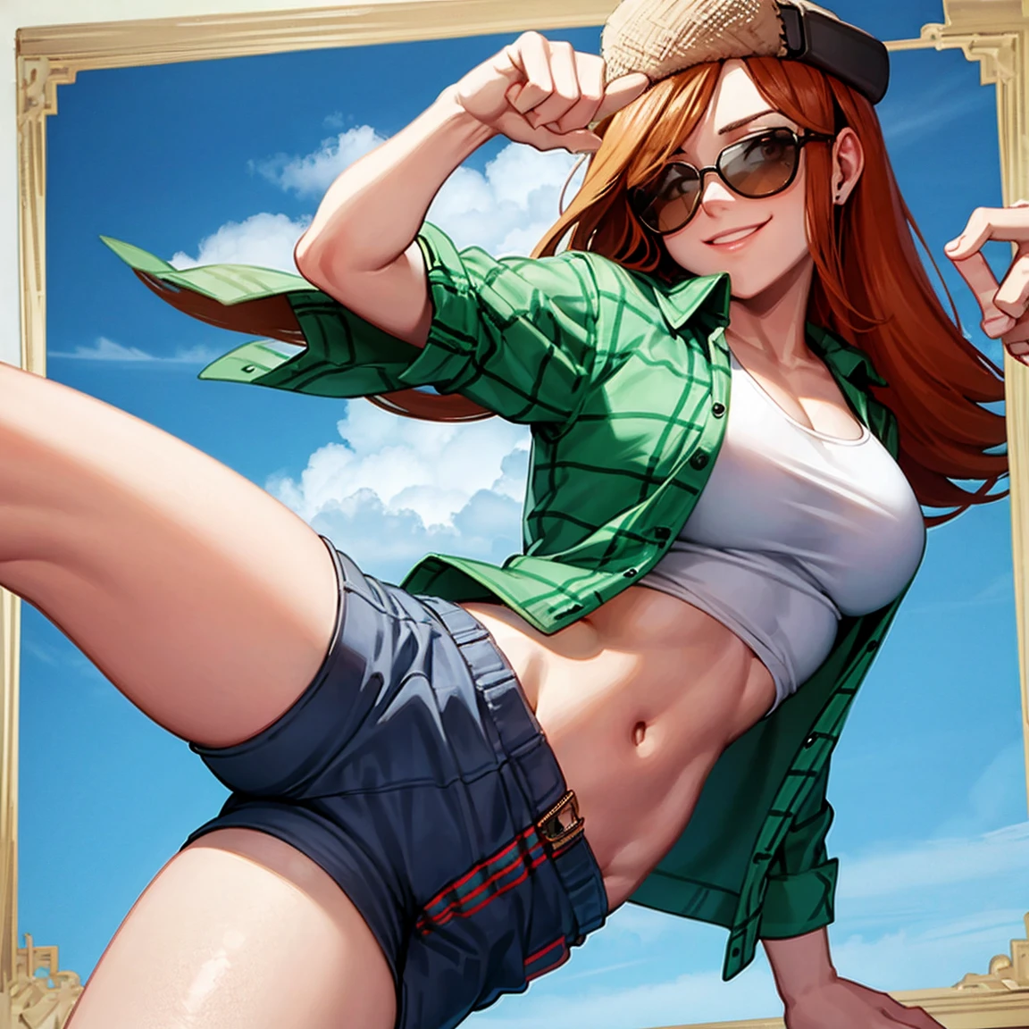 A Wendy Corduroy, wearing a plaid jacket and short shorts, sunglasses, beautiful smile and sexy look,she is pointing at the viewer, whole body visible,.an14.