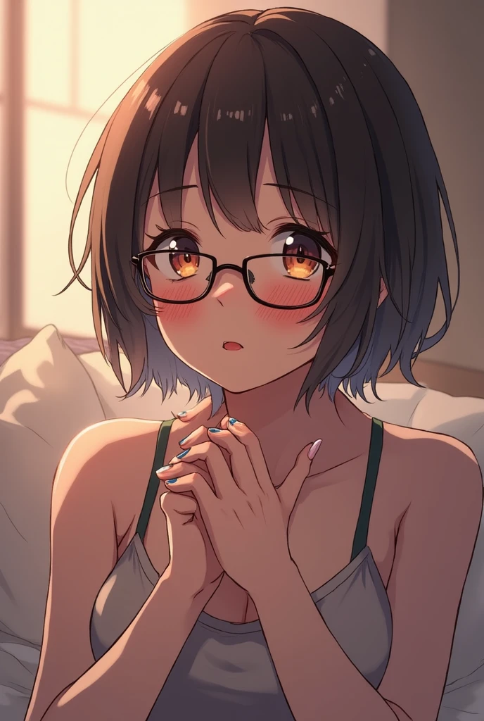 cute japenese girl, glasses, slim figure, cute girl , naked body, photo taken from above, detailed face, beautiful eyes, long eyelashes, cute expression, cozy bedroom, photorealistic, 4k, high quality