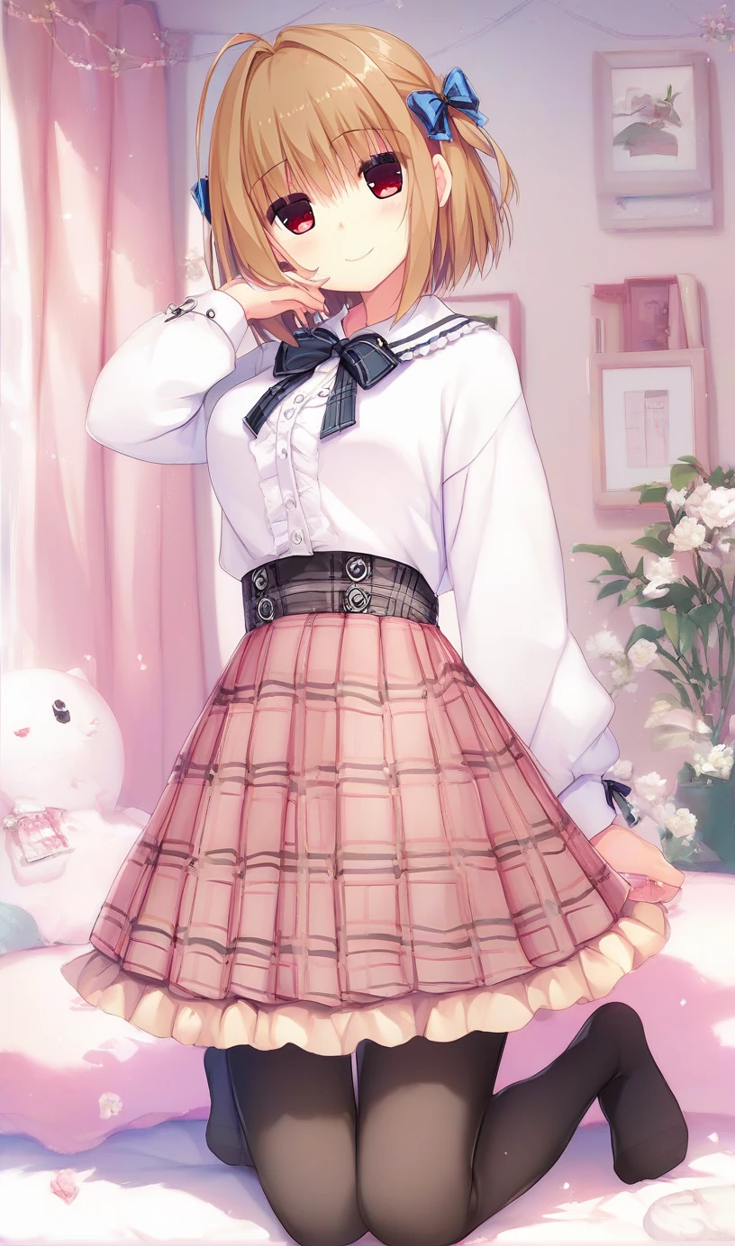 1girl,hiyori-default,Alone,(bob_hair:1.4),the middle_long_hair,smiling,red_eyes,Mesh knit, (pink knit:1.35), miniskirt, (plaid skirt:1.3), stockings, pantyhose, full_body,Bedroom,expensive_solve, clear_image, expensive_Contrast, 8k, Sparkling, beautiful_detailed_face_and_eye, (brown hair:1.25), white eye,Character portrait, One person, whole body