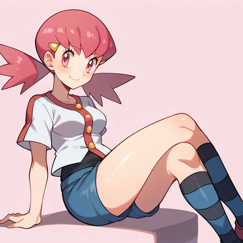 score_9, score_8_up, score_7_up, defwhitney, whitney \(pokemon\), 1girl, arm support, blush, smile, breasts, buttons, crossed legs, eyelashes, hair ornament, hairclip, jacket, long hair, pink eyes, pink hair, short shorts, short sleeves, shorts, sitting, socks, solo, striped clothes, striped socks, twintails, white jacket, tick thighs, shiny skin, pink background