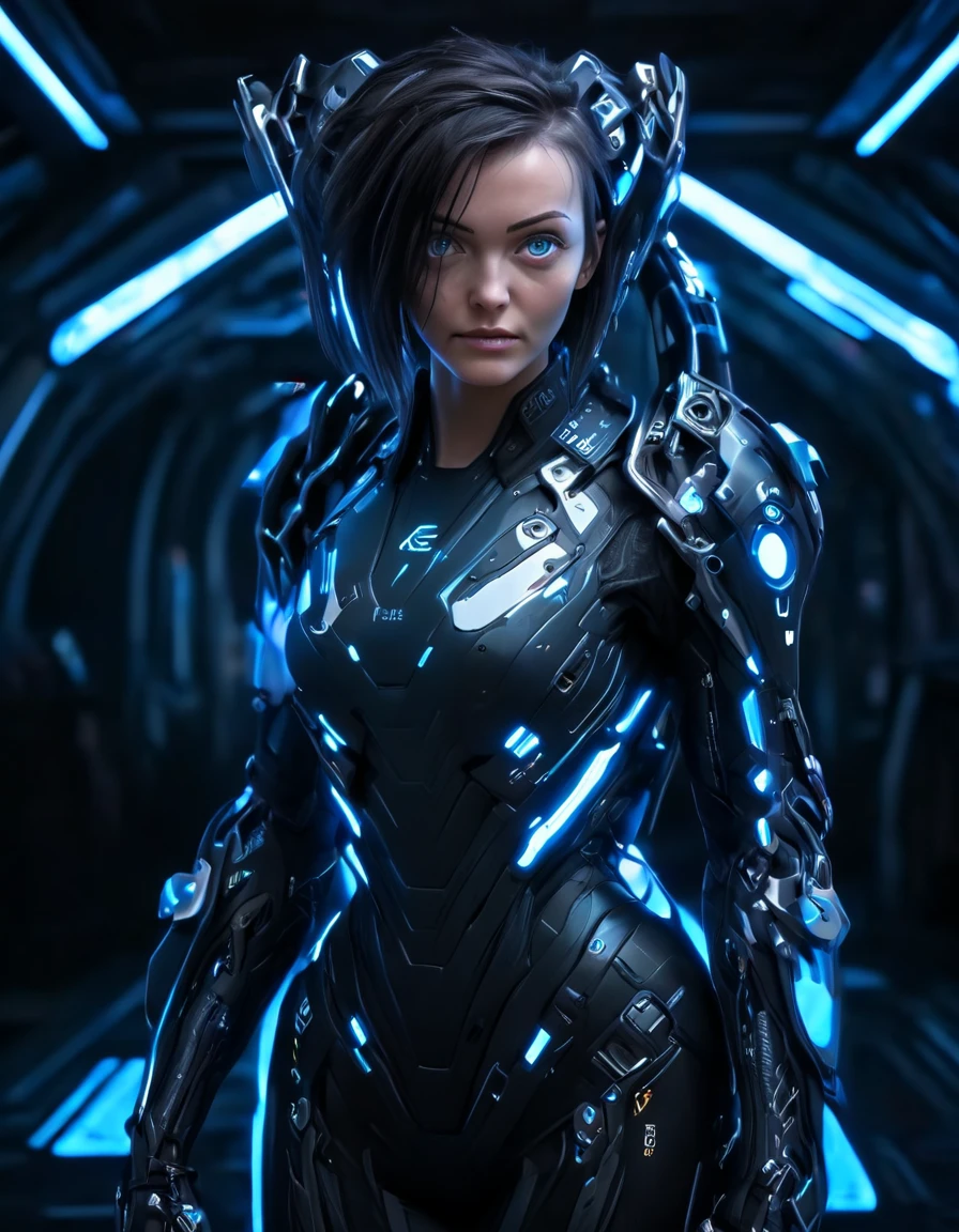 A woman wearing exoskeleton cyber armor, The armor fits snugly、((She has a plasma gun in her hand)), Full body photo, Maximum details, Superior quality through precise drawings, 8k,chest, blue eyes,  High resolution, 超High resolution, Best Quality, Shortcuts, Big chest, Cinematic Lighting Effects, Futuristic beautiful dark haired woman, Shining blue eyes, Cyberpunk style woman, ((High tech spaceship interior with blue light illumination)), High-quality images,Shortcuts, Bob Hair, Bob Hair, Very short hair, 