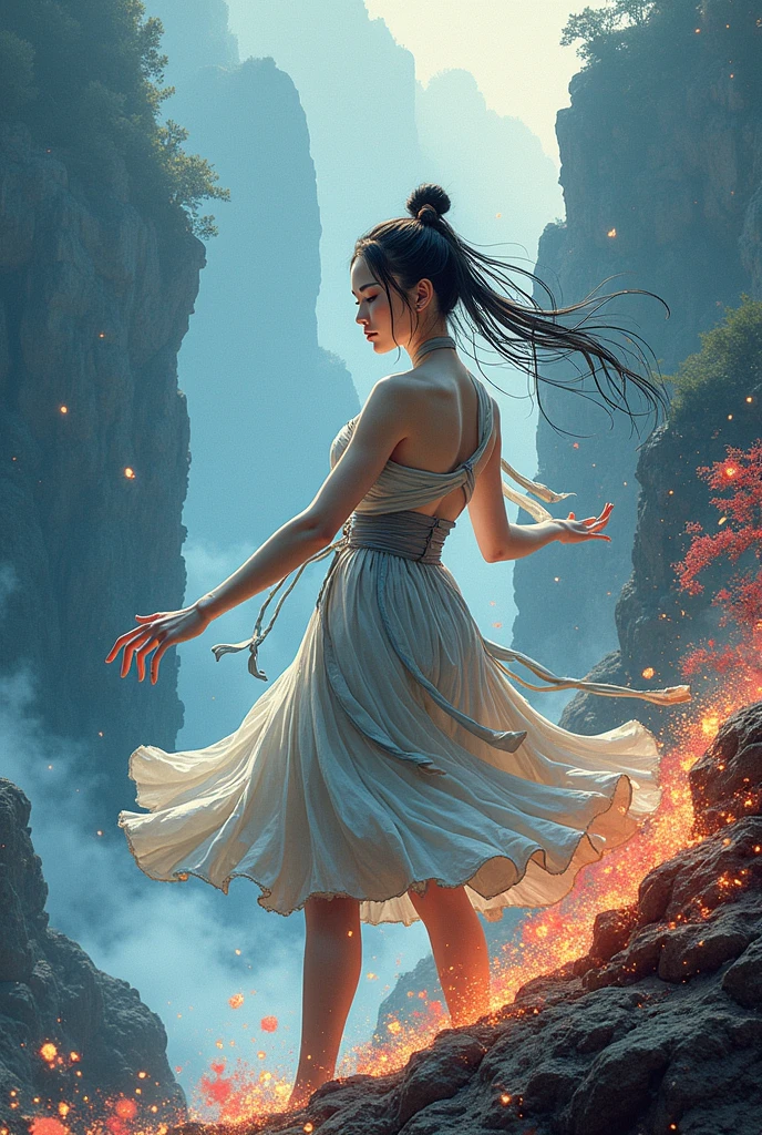 (RAW Photo, Best Quality), (Realistic, Photo Realistic: 1.3), Best Quality, Highly Detailed, Masterpiece, Hyperdetail, Illustration, 1 Girl, Dynamic Angle, World Masterpiece Theater, messy_long_hair, Best Quality, Very Detailed CG Unity 8k Wallpaper, Ink, Amazing, Cinematic Lighting, lens_flare, Full Body Image: 1.2, dunhuang_style, Flying: 1.2