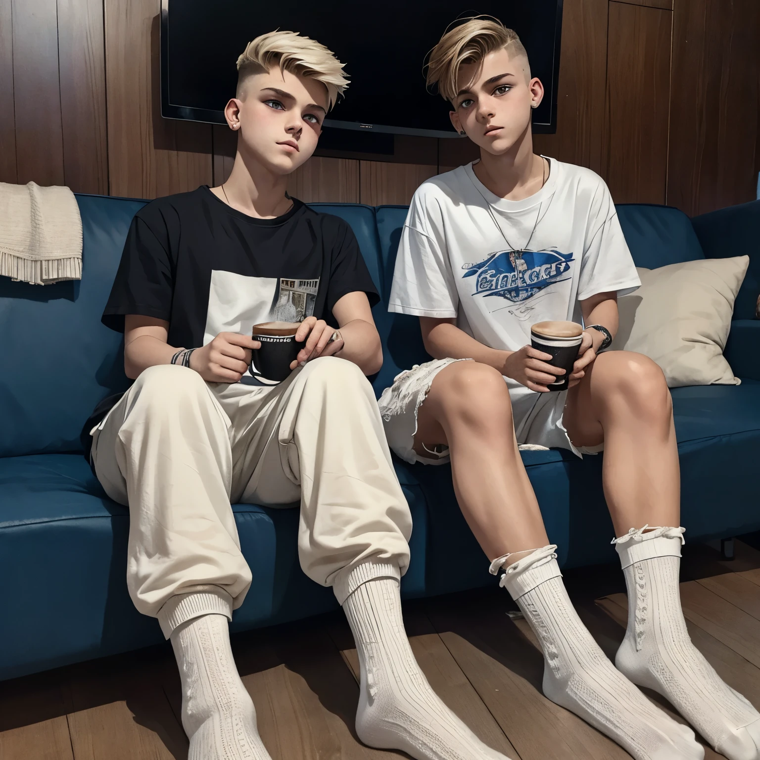 Two teenage white european boys with fashion undercut haircuts, wearing large t-shirts, large baggy jeans, white filthy socks, no shoes, sitting on a couch in their socks, watching TV, with their very detailed foot soles resting on the coffee table 