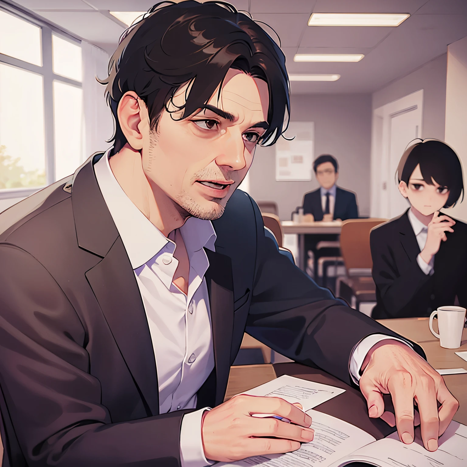 side angle,(looking away:1.5),upper body,
masterpiece、high quality、(A 60-year-old man with short black hair and brown eyes:1.5)and (jitome) 、
Wearing a brown suit,confused,open mouth,
The background is the conference room、(alone:1.5)