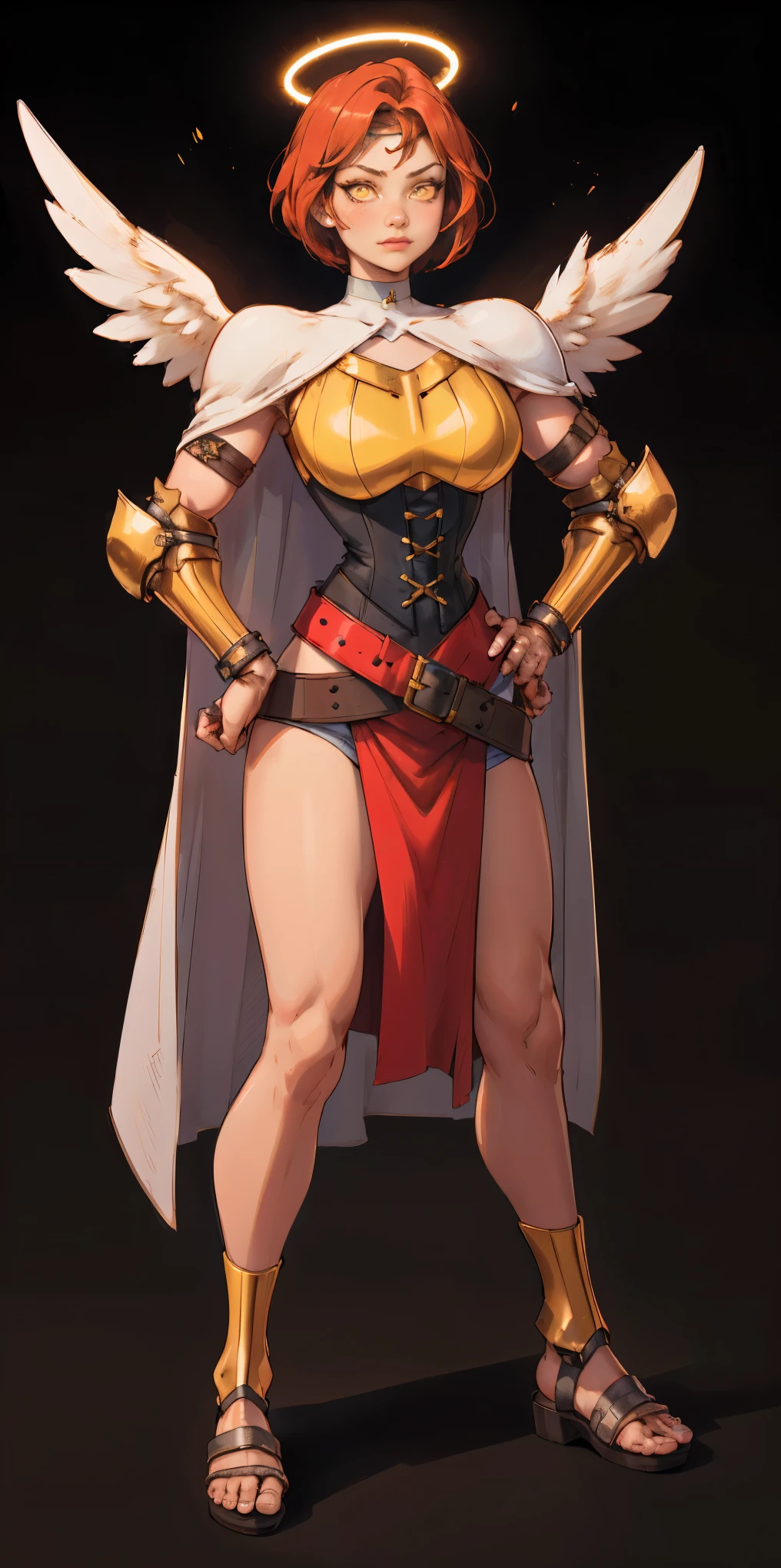 (Black background) paladin lady in ornate golden armor, black collar, pauldrons, breastplate, leather corset, glowing halo, short bob hair style, yellow glowing eyes, bright pupils, eye focus, red cape (full body, whole body, 1solo girl) fighter, loincloth standing, hands on hips, metal sandals, leather choker, big belt, view from below, feet together, bracers, tiara, feathers angel wings