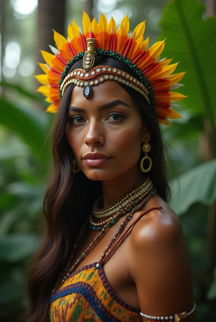 A creature embodying the Amazon rainforest, with vine-like tendrils, animalistic features such as jaguar claws, and vibrant colors inspired by tropical birds. It should be both majestic and terrifying, blending flora and fauna seamlessly.