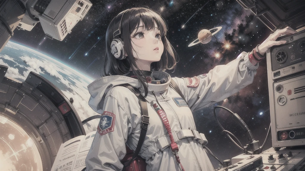 James Jean, Kate Greenaway, Surreal, mysterious, strange, fantastical, fantasy, sci-fi, Japanese anime, giant stuffed bear, going on a space trip, with a beautiful high school girl in a miniskirt, hyper detailed masterpiece, high resolution definition quality, depth of field cinematic lighting