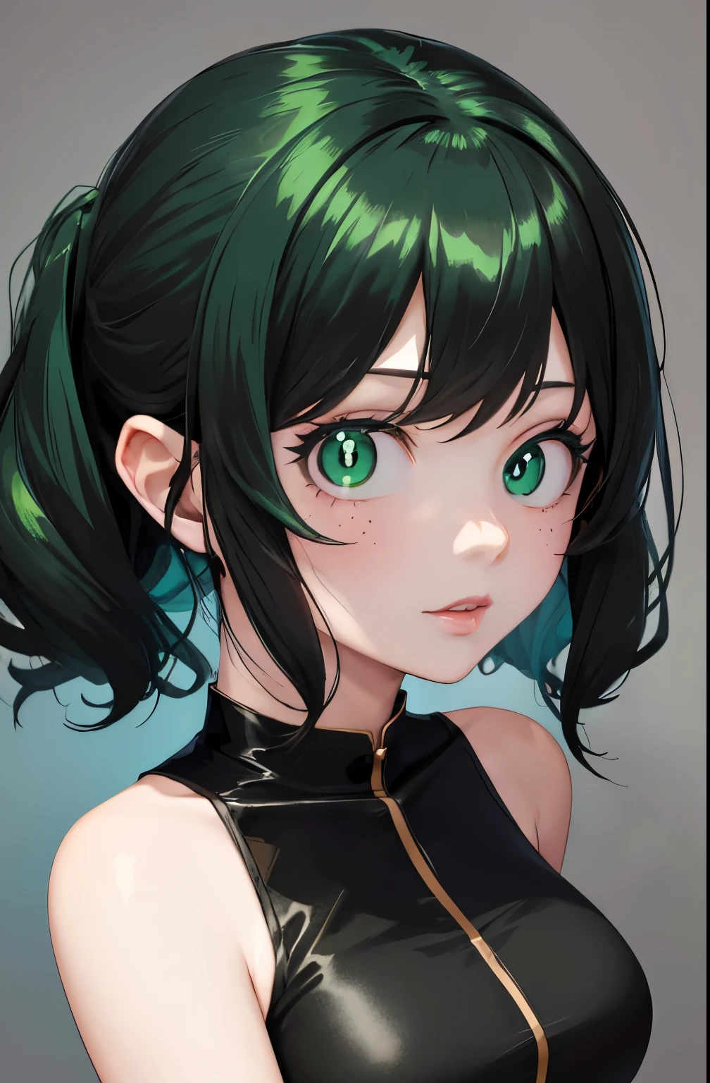 best quality,finely detailed beautiful eyes and detailed face,high quality, masterpiece, Sharp Focus, (female focus), 1girl, solo,from front, looking at viewer, simple background, white background, cowboy shot, short hair, floating hair, (hair slicked side:1.4), (dark green hair:1.5), eye shadow, blank stare, long eyelashes, (brown mascara:1.0), (dark green eyes), (smiling face), closed mouth, (small mouth),medium breast,(small head),(black dress:1.3), cleavage cutout, lace trim, short sleeves, shurg, turtleneck