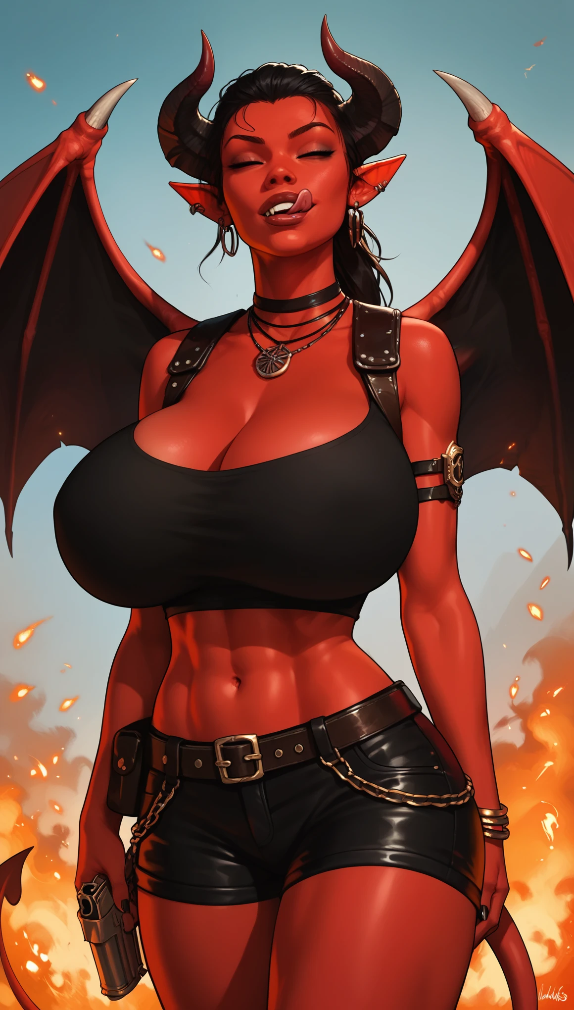 Red skin succubus tiefling, gigantic breasts, huge black horns, wings, huge tail, black leather, crop top, shorts, tactical gear, bandoliers, tall, toned, graceful, thin, long black ponytail. Action scene, revolver. Dark scene, explosions, night sky.  licking her lips.
