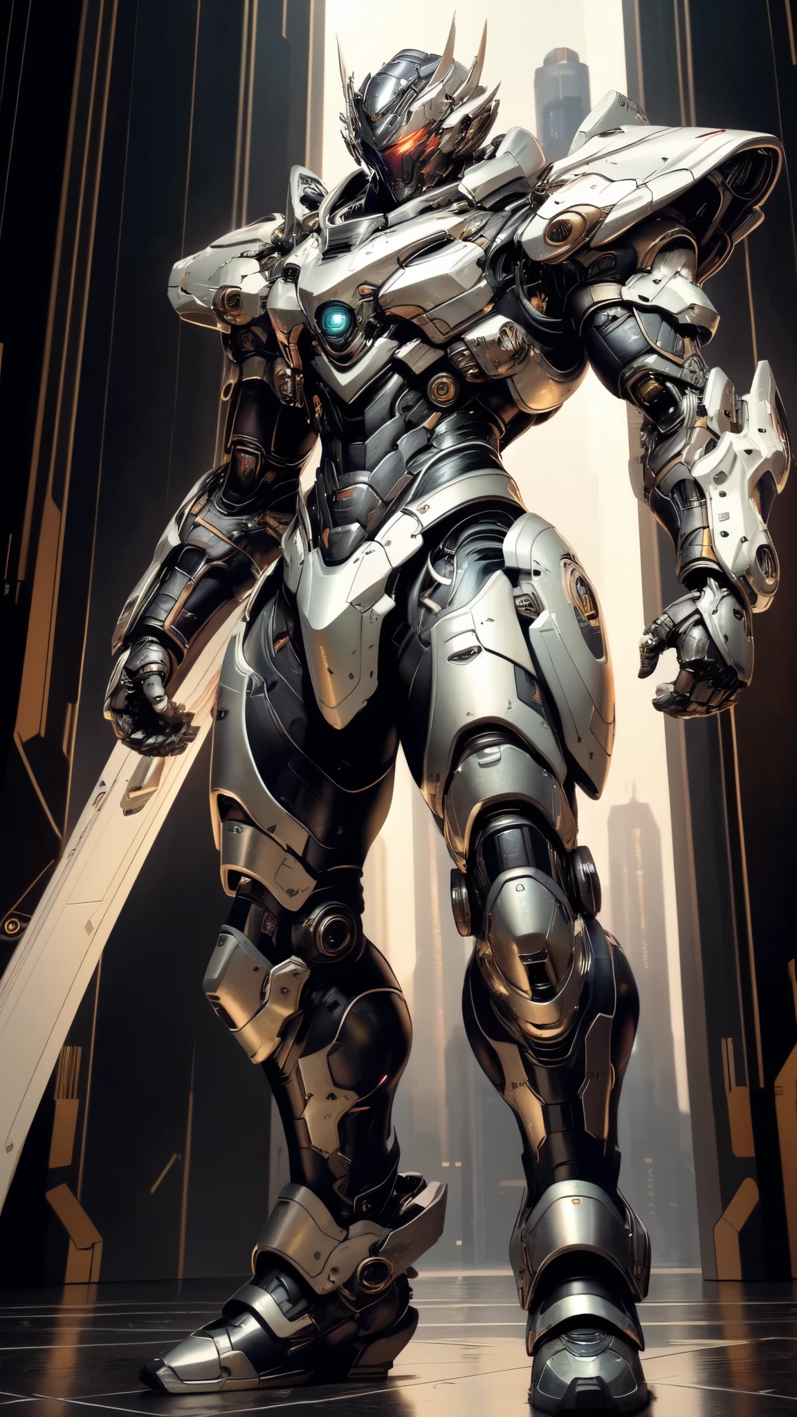 (masterpiece:1.5, best quality:1.5, extremely delicate:1.5), (male:1.5), humanoid Mecha, fully enclosed shoulder guards, matching arm and leg guards, full body, full armor, the design balances heavy with agility, (the color scheme is primarily Black with White and Red accents, the concept Inspired by Military Robot, MRS), organic biotech armor, standing, floating high above the futuristic sci-fi city, exquisite and mature art style, (aura effect, glowing eyes, the armor glows), metallic, dramatic, high definition, highres, ultra-detailed, ultra-fine painting, professional, perfect body proportions, anatomically correct, symmetrical face, extremely detailed eyes and face, high quality eyes, creativity, RAW photo, UHD, 32k, Natural light, cinematic lighting, masterpiece-anatomy-perfect