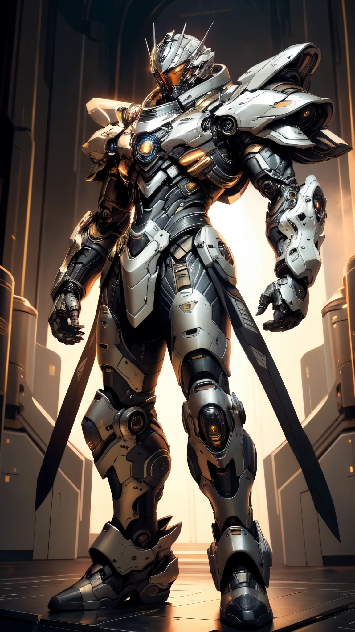 (masterpiece:1.5, best quality:1.5, extremely delicate:1.5), (male:1.5), humanoid Mecha, fully enclosed shoulder guards, matching arm and leg guards, full body, full armor, the design balances heavy with agility, (the color scheme is primarily Black with White and Red accents, the concept Inspired by Military Robot, MRS), organic biotech armor, standing, floating high above the futuristic sci-fi city, exquisite and mature art style, (aura effect, glowing eyes, the armor glows), metallic, dramatic, high definition, highres, ultra-detailed, ultra-fine painting, professional, perfect body proportions, anatomically correct, symmetrical face, extremely detailed eyes and face, high quality eyes, creativity, RAW photo, UHD, 32k, Natural light, cinematic lighting, masterpiece-anatomy-perfect