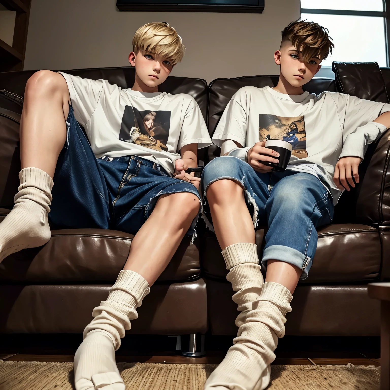 Two teenage white european boys with fashion undercut haircuts, wearing large t-shirts, large baggy jeans, white filthy socks, no shoes, sitting on a couch in their socks, watching TV, with their very detailed foot soles resting on the coffee table 