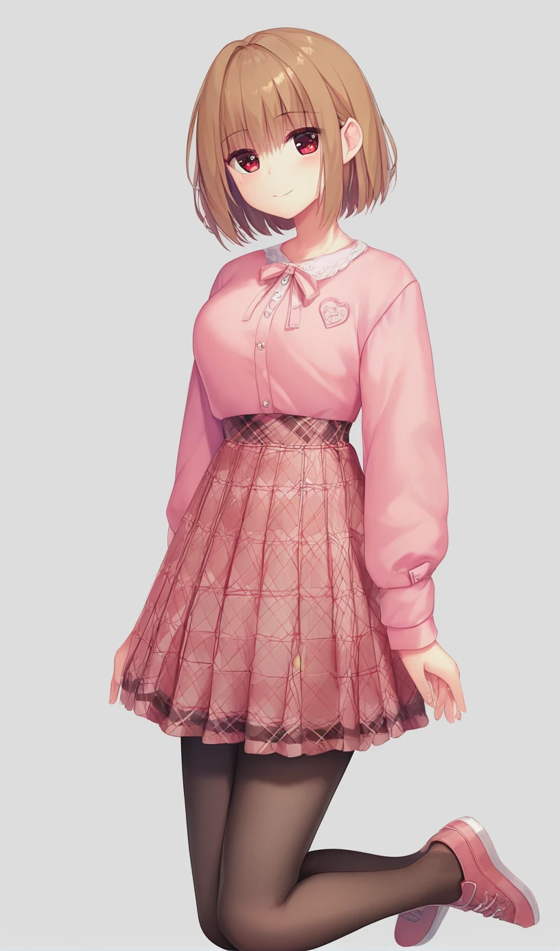 1girl,hiyori-default,Alone,(long_bob_hair:1.4),the middle_long_hair,smiling,red_eyes,Mesh knit, (pink knit:1.35), miniskirt, (plaid skirt:1.3), stockings, pantyhose, full_body,Bedroom,expensive_solve, clear_image, expensive_Contrast, 8k, Sparkling, beautiful_detailed_face_and_eye, (brown hair:1.25), white eye,Character portrait, One person, whole body