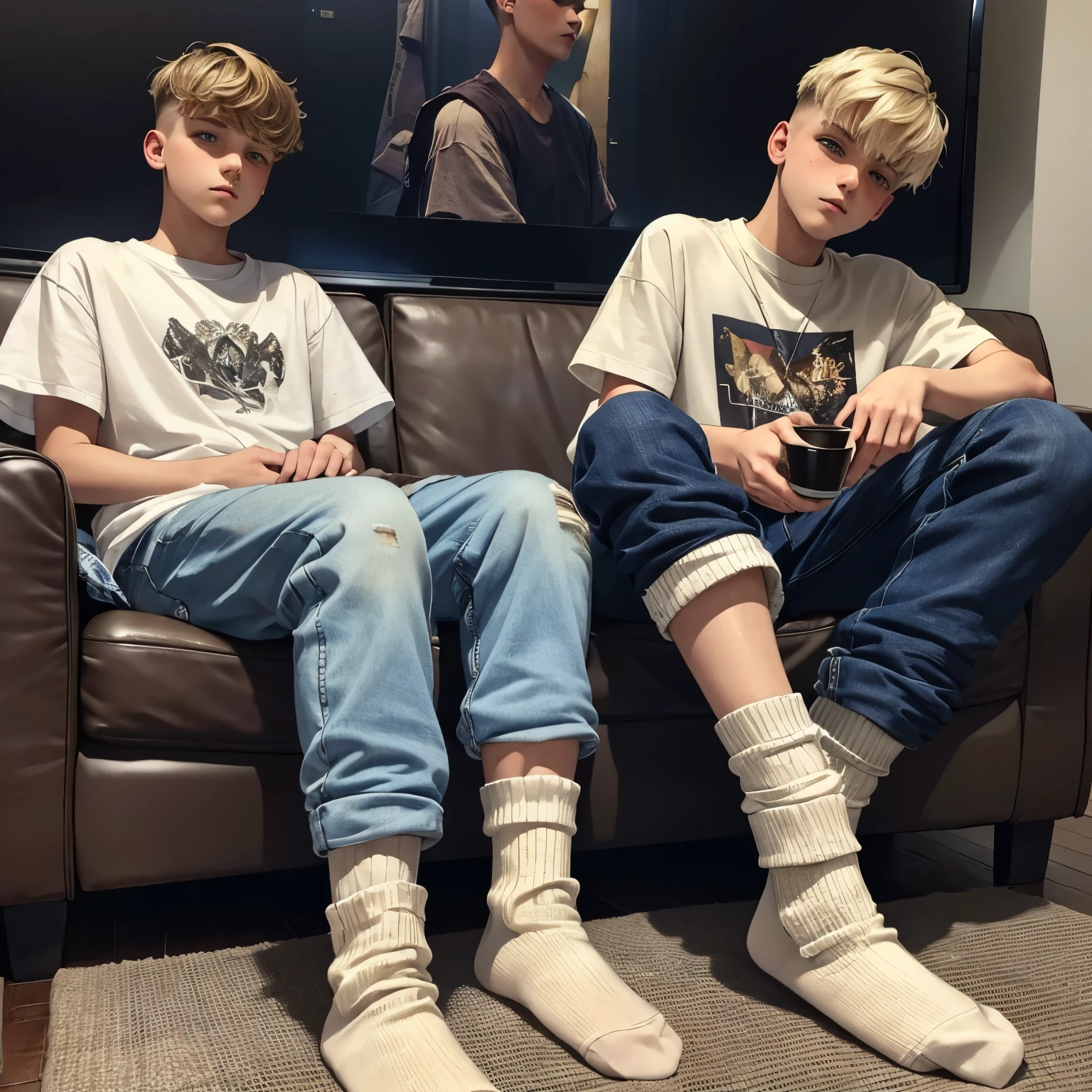 Two teenage white european boys with fashion undercut haircuts, wearing large t-shirts, large baggy jeans, white filthy socks, no shoes, sitting on a couch in their socks, watching TV, with their very detailed foot soles resting on the coffee table 