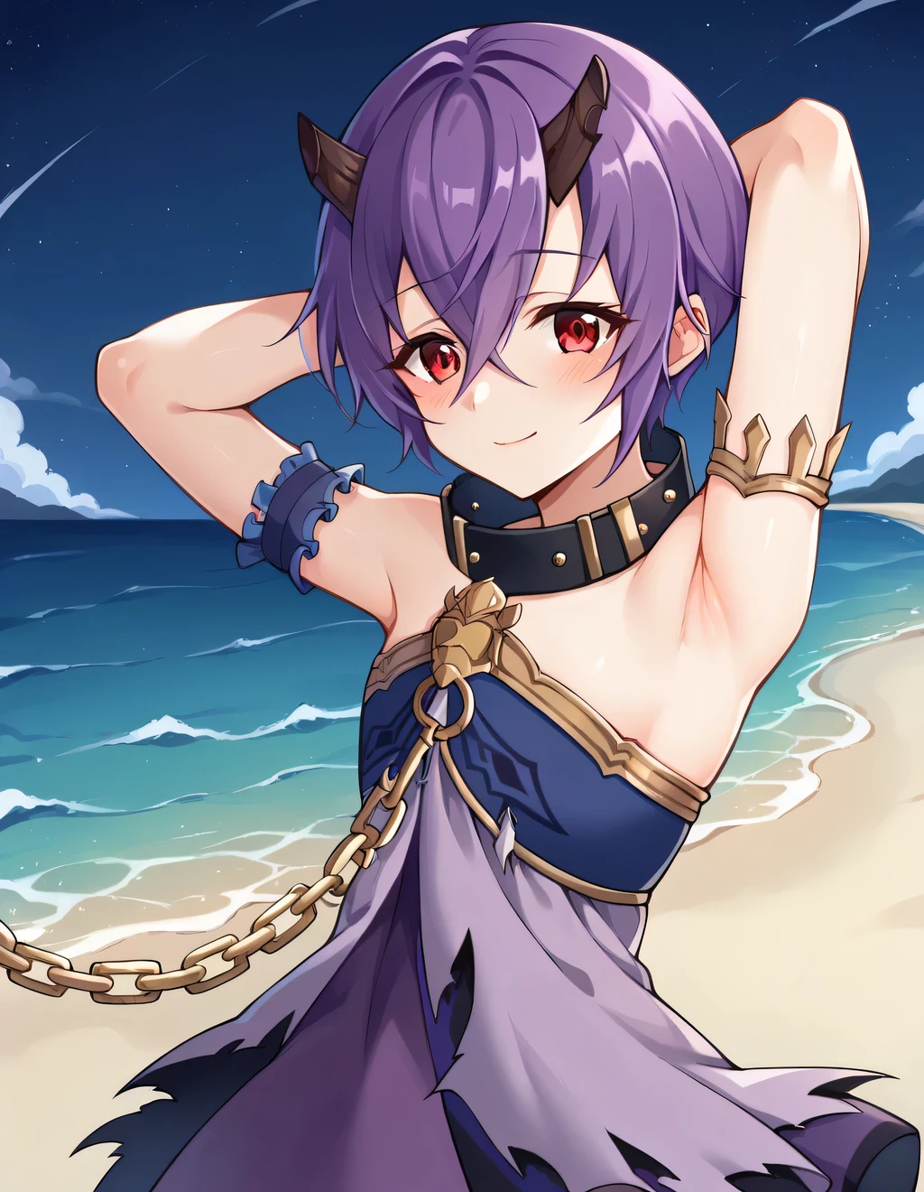 pcshinobu, short hair, purple hair, black horns, broken horn, red eyes, torn clothes, frills, purple dress, strapless dress, sleeveless dress, chain, armlet, black gloves, single elbow glove, frilled wrist cuffs, black collar, bare shoulders, high quality, shiny skin, solo, blushing, night sky, beach, arms behind head, {contrapposto}, closed mouth, spread armpits, cowboy shot, looking at viewer, smile, best quality